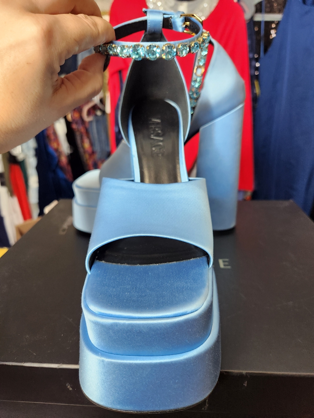 Versace Light Blue Satin Platform Sandals with Gold Medusa Charm - Picture 4 of 9